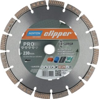 Diamanttrennscheibe 4x4 Explorer D.230mm Bohr.22,23mm 2,5mm 12mm NORTON CLIPPER