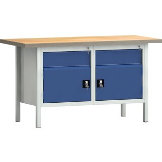 Werkbank PW 700 B1500xT700xH840mm Buche Multiplex grau enzianblau 2Schubl.2Türen