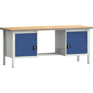 Werkbank PW 700 B2000xT700xH840mm Buche Multiplex grau enzianblau 2Schubl.2Türen