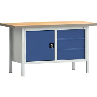 Werkbank PW 700 B1500xT700xH840mm Buche Multiplex grau enzianblau 3 Schubl.1 Tür