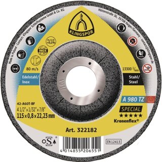 Trennscheibe A 980 TZ Special D125x0,8mm gekr.INOX Bohr.22,23mm KLINGSPOR