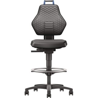 Arbeitsdrehstuhl Rl.+Fußring Kunstleder schwarz Grifffarbe blau 580-860mm TW