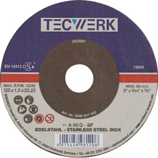 Trennscheibe INOX D125x1mm ger.INOX Bohr.22,23mm TECWERK