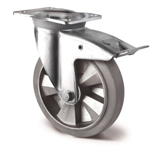 Schwerlastlenkrolle D.200mm Trgf.500kg Festst.Elastikgummi Bau-H.255mm TECWERK
