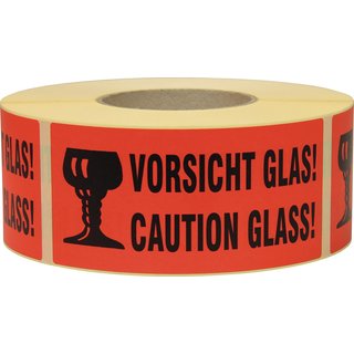 Hinweisetikett Vorsicht Glas L.145 mm,B.70mm rot 1000 St./Rolle TRANSPAK