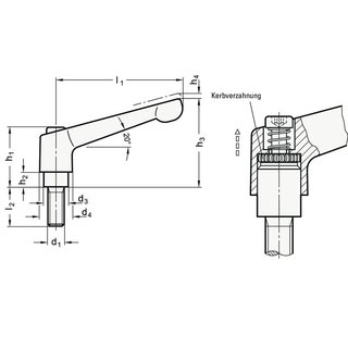 Verstellbarer Klemmhebel GN 300 d1 M 12mm l1 108mm l2 63mm AG GANTER