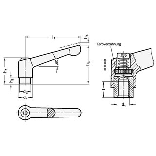 Verstellbarer Klemmhebel GN 300 d1 M 12mm l1 108mm l2 63mm AG GANTER