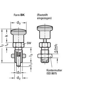 Rastbolzen GN 817 d1 10mm d2 M16x1,5mm l1 12mm Stahl,o.Rastsperre,m.Kontermut.