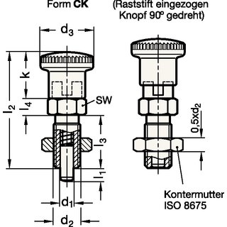 Rastbolzen GN 817 d1 10mm d2 M16x1,5mm l1 12mm Stahl,o.Rastsperre,m.Kontermut.