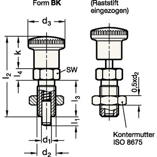 Rastbolzen GN 817 d1 12mm d2 M20x1,5mm l1 15mm Stahl,o.Rastsperre,m.Kontermut.