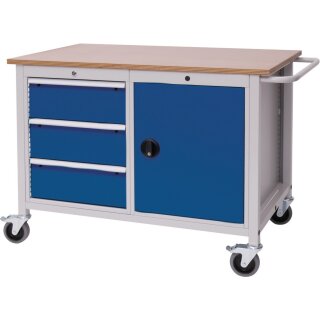 Werkbank B1250xT750xH935mm Buche Multiplex lichtgrau/signalblau 3 Schubl.1 Tür