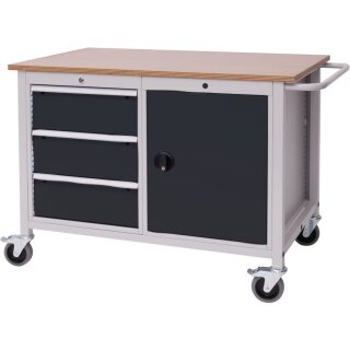 Werkbank B1250xT750xH935mm Buche Multiplex lichtgrau/grau 3 Schubl.1 Tür
